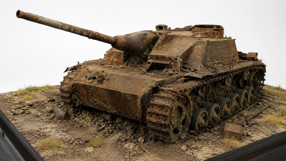 Detailaufnahme eines stark gealterten Panzermodells