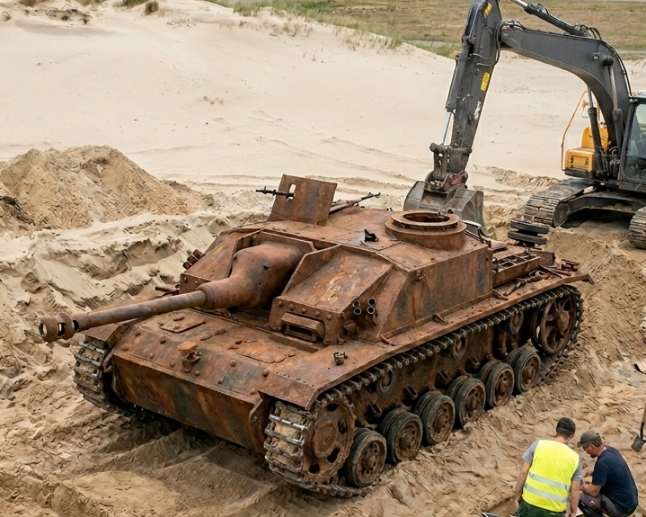 Diorama eines teilweise freigelegten Sturmgeschütz im Sand