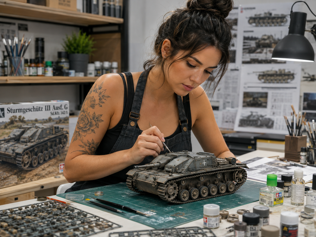 Panzer-Modell im Maßstab 1:35 auf einer Werkbank