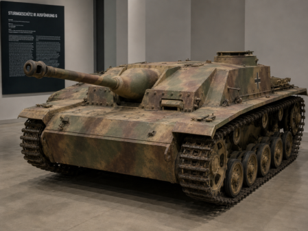 Seitenansicht eines Sturmgeschütz III mit sichtbaren technischen Details
