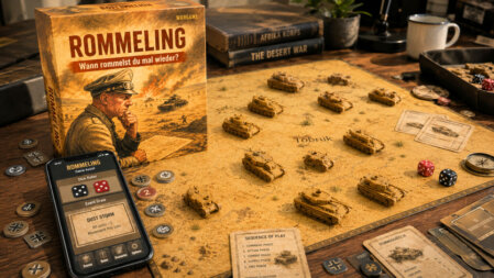 Tabletop-Wargaming-Spielfeld mit Fahrzeug- und Infanterieminiaturen