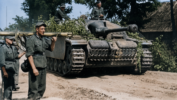 Seitenansicht eines Sturmgeschütz III mit technischen Details